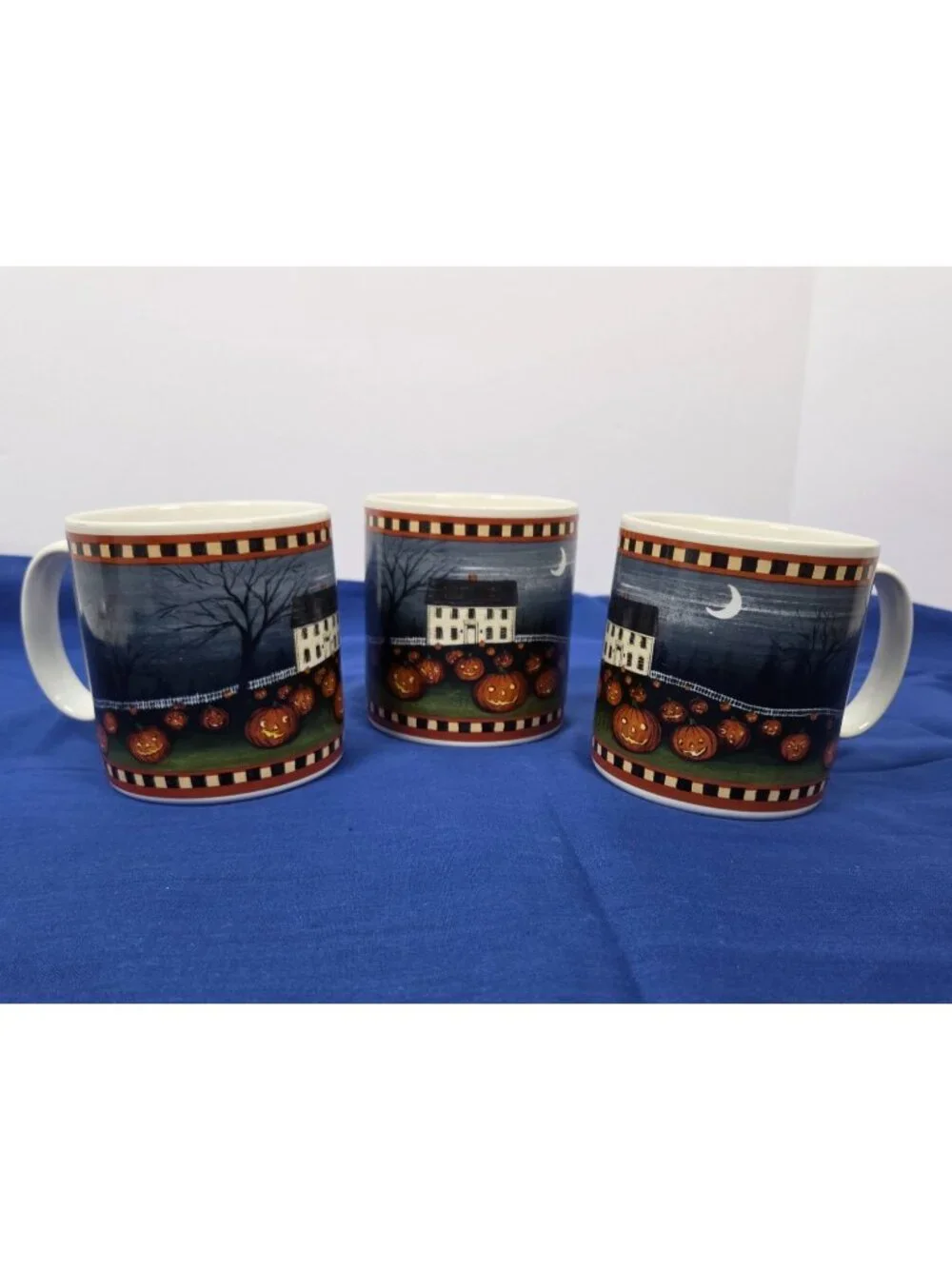 Set of 3 Sakura David Carter Brown Pumpkin Hollow Halloween Mugs VTG 2001